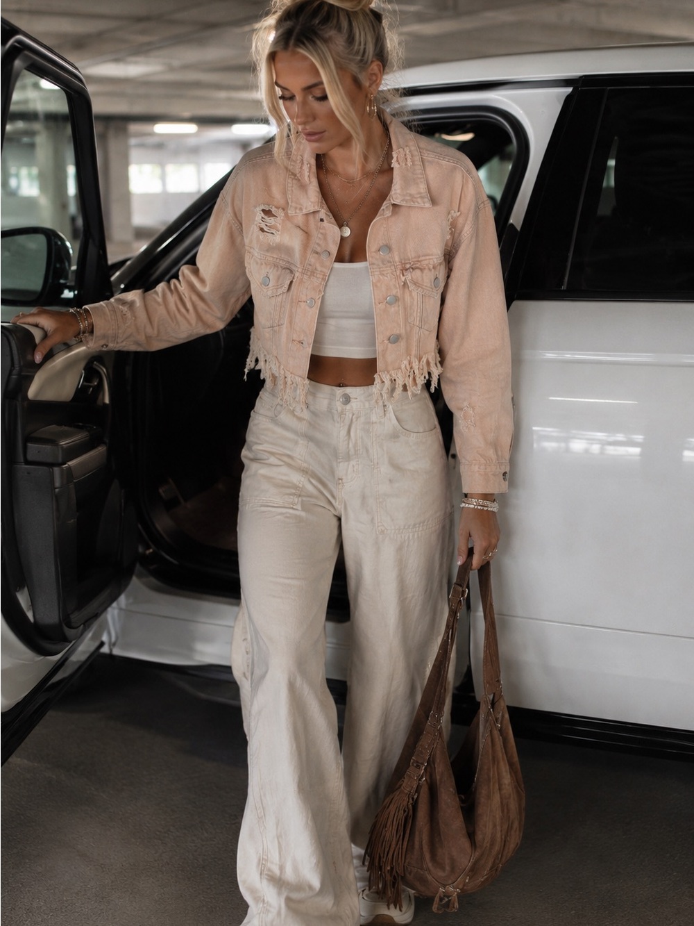 POL Distressed Fringe Oversized Denim Jacket – powder, pink
